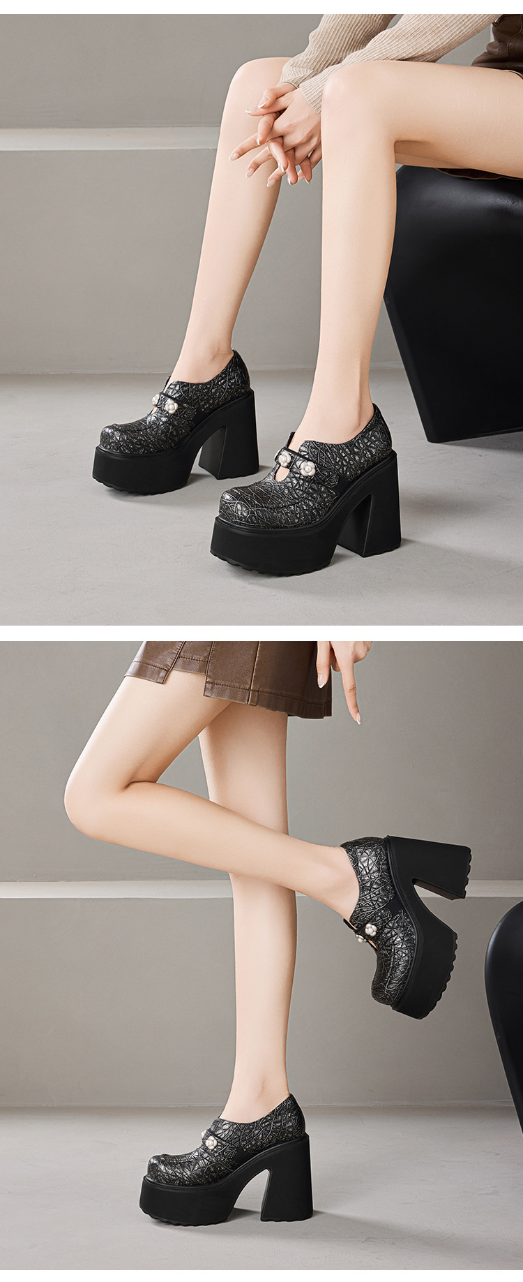 Giày loafer nữ đế xuồng da thật gót vuông 12 cm phong cách Anh quốc — màu đen chi tiết 9