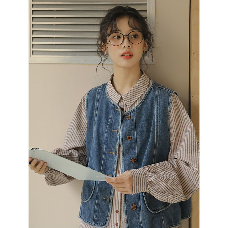 实拍2025秋季新款 复古文艺叠穿日系简约口袋休闲牛仔马甲女88471|undefined