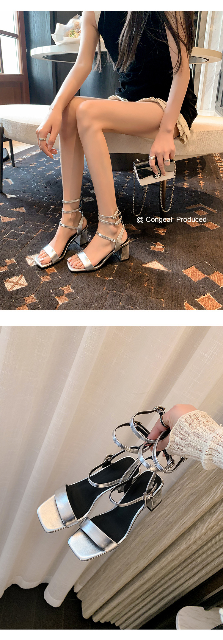 Sandal cao gót nữ quai ngang hở mũi mũi vuông gót vuông — Màu đen chi tiết 16