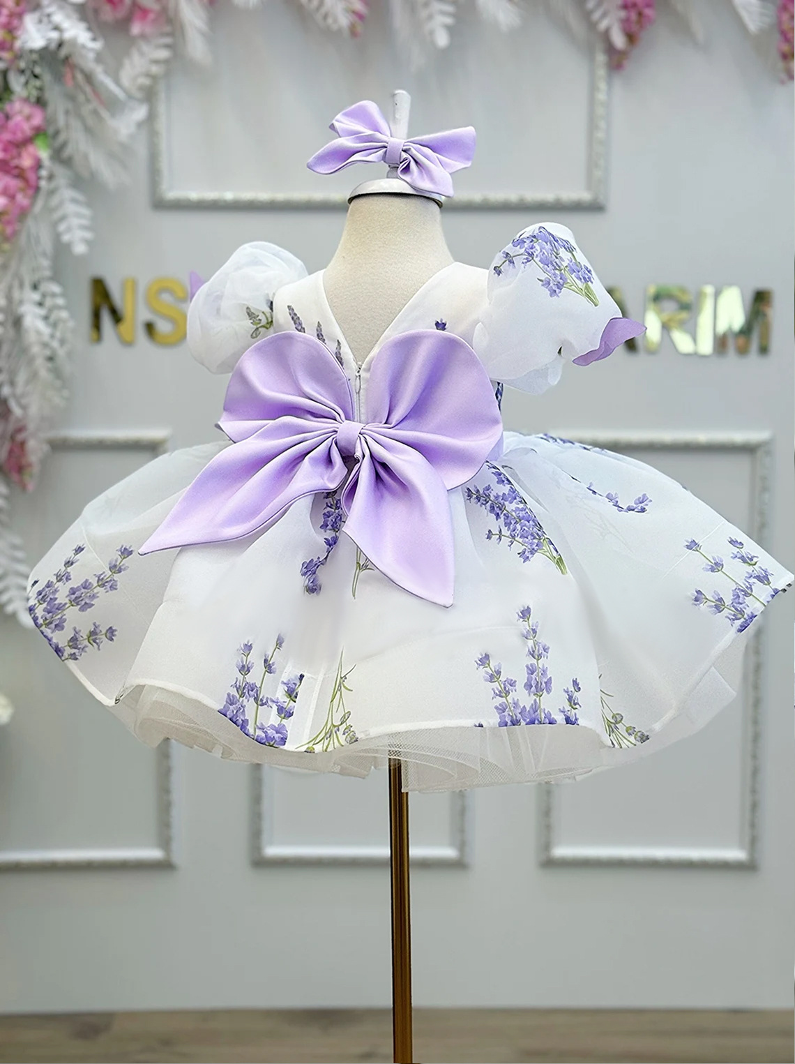 Vestido de niña 2025: Vestido de princesa con falda abullonada de malla lavanda estampada, ideal para bodas, damitas de honor y actuaciones infantiles.