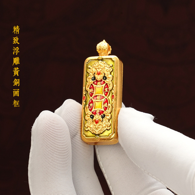 新款黄铜藏式小吊坠唐卡手绘描金八大守护神佛牌黄财神扎基拉姆|undefined