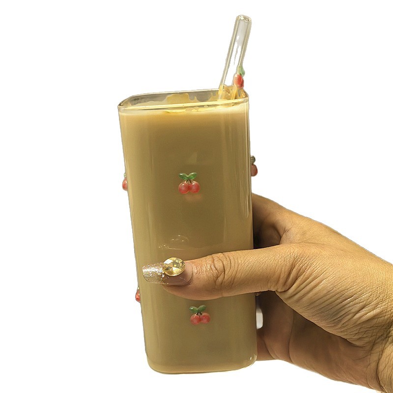 Glass Mug With Cherry Pattern For Cold Coffee And Juice_voghion.com