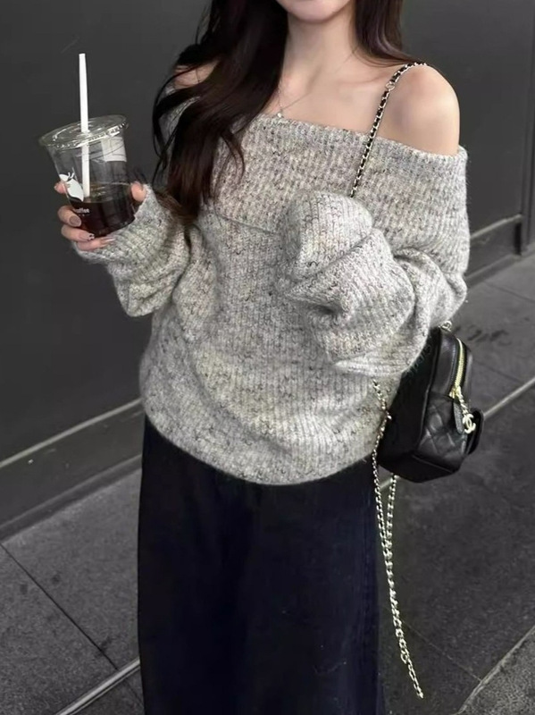 甜辣妹纯欲松弛感软糯一字肩毛衣女秋冬季新款慵懒风宽松显瘦上衣|undefined