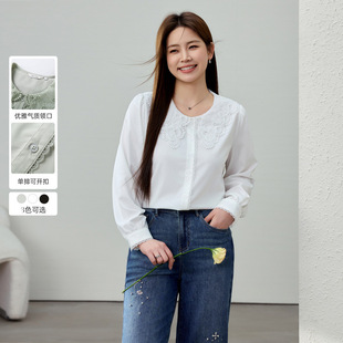 [Age-reducing lace neckline girly temperament shirt] delicate show plus size women's fat mm2025 spring new
