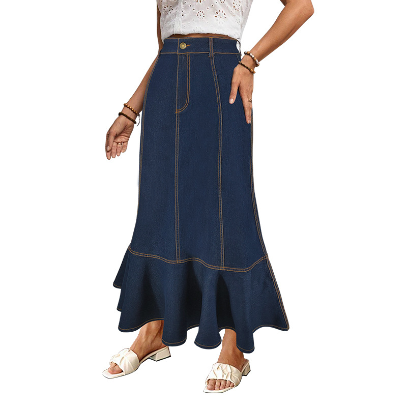 Women's Button-Down Denim Mermaid Skirt, Stretchy Washed Denim Maxi Skirt With Flared Hem, Elegant Tailored Fit_ecoleips.com