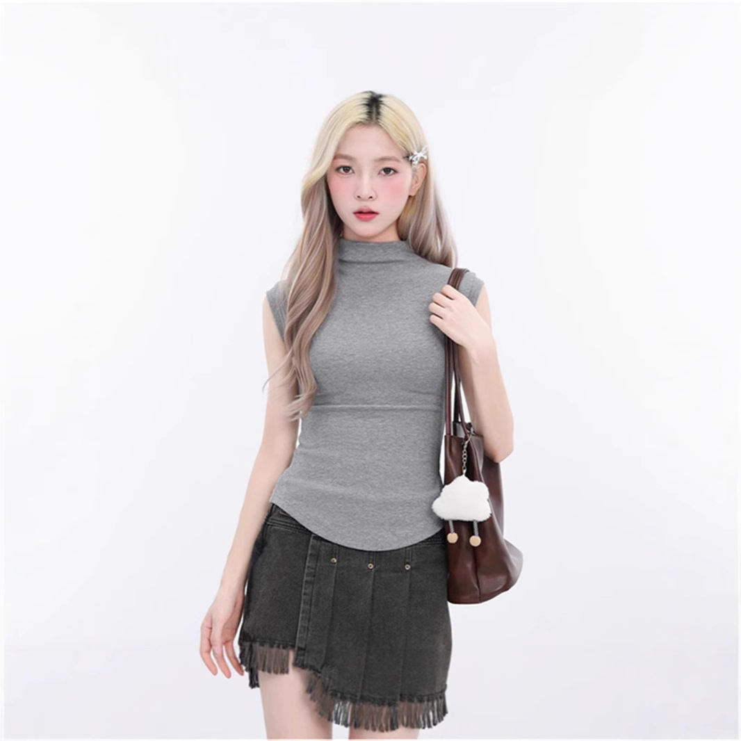 여름 여성을 위한 아메리칸 핫걸 짧은 티셔츠 새로운 스타일 하프 터틀넥 민소매 조끼 허리 슬리밍 순수한 욕망 스타일 탑