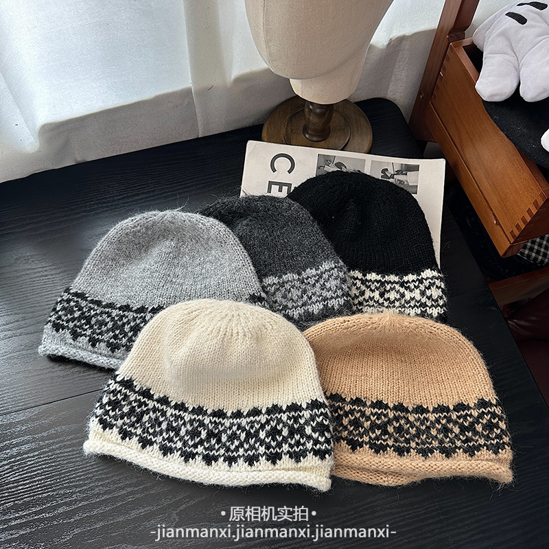 韩系简约针织费尔岛提花毛线帽子女秋冬新款休闲百搭显脸小冷帽潮|undefined