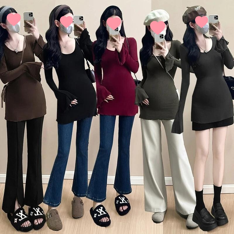 In-Stock Quick Delivery Trendy Maternity Wear Versatile Slim-Fit Elegant Square Neck Bell Sleeve Top Long Sleeve Ruched Base Shirt