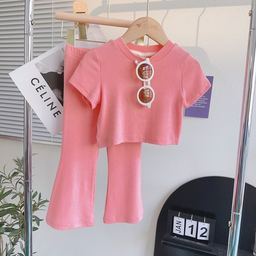 Fashionable Children's Clothing 2024 Summer Set for Girls Korean Style Casual Soft Short-Sleeve T-Shirt Top Two-Piece Set for Baby Girls