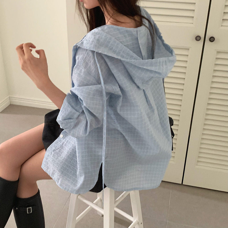 Korean Chic Early Autumn New Thin Sun Protection Preppy Retro Plaid Relaxed Hooded Shirt