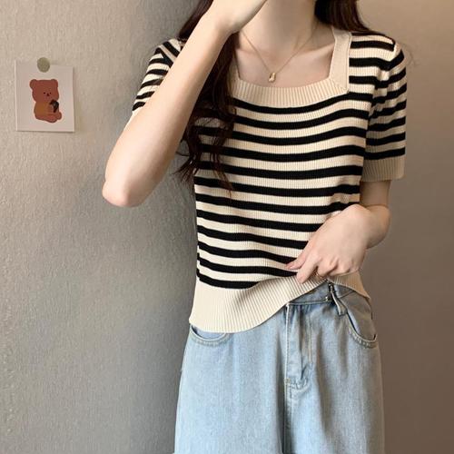 Women's Summer Design Stripe Short Sleeve T-Shirt Pure Desire Sweet Fitted Slimming French Unique Crewneck Knit Top