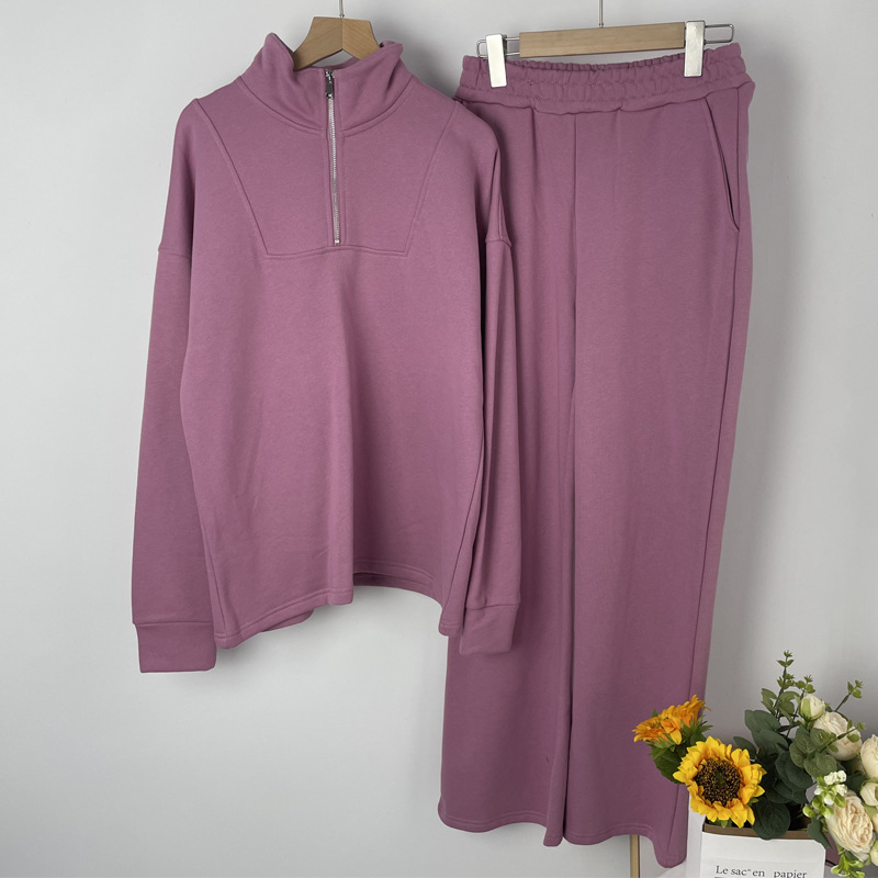 Vêtements pour femmes, sweat-shirt en coton de couleur unie, combinaison à fermeture éclair et pantalon de sport ample en velours pour femmes_voghion.com