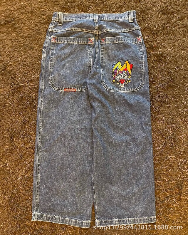 跨境电商JNCO Y2K宽松牛仔裤男士复古刺绣嘻哈街头原宿男士阔腿裤|undefined