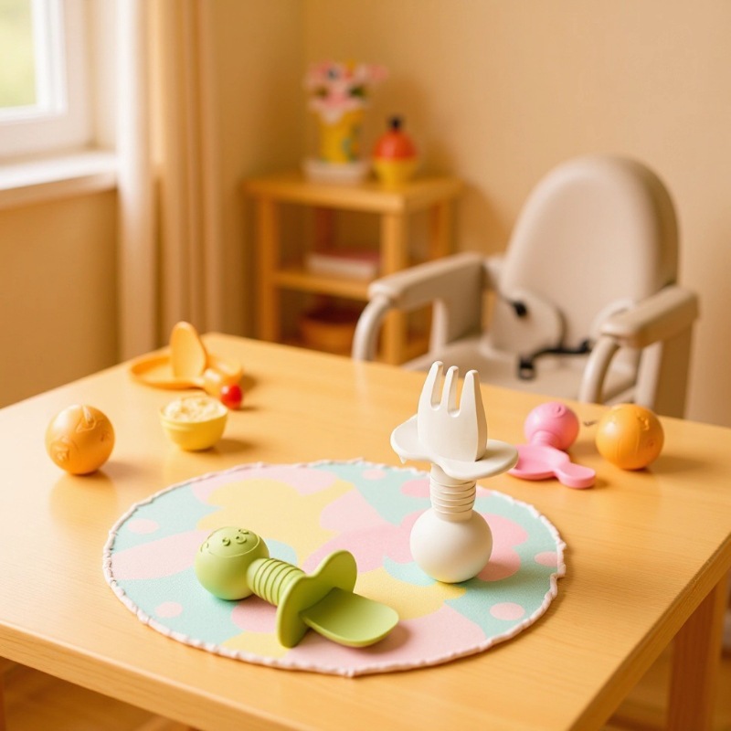 Silicone Short Handle Fork and Spoon Baby Food Grade Training Spoon Licking Spoon Baby Learning Food Supplement Fork Spoon Set Soft Spoon