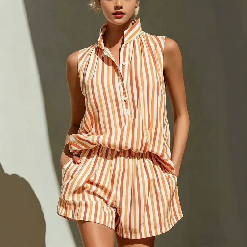 2026 European and American Cross-Border New Style Sleeveless Stand-Up Collar Striped Shirt Elastic Wide-Leg Shorts Casual Women's Two-Piece Set