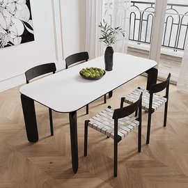 意式极简纯白岩板餐桌小户型圆角饭桌长方形餐桌椅组合岩板桌面