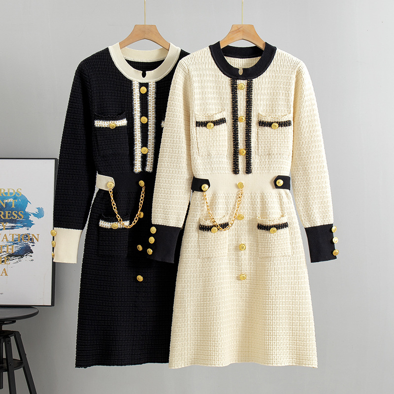 Cross-Border Autumn and Winter New Korean-Style Knitted Dress for Women, Loose Fit, Slimming, Mid-Length, Chanel-Style Sweater Dress Cross-Border Autumn and Winter New Korean-Style Knitted Dress for Women, Loose Fit, Slimming, Mid-Length, Chanel-Style Sweater Dress