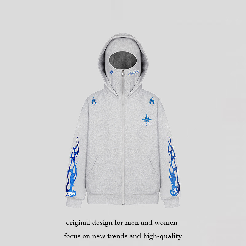 American retro high street embroidered flame letter hoodie for men and women, loose casual trendy brand cardigan jacket for autumn