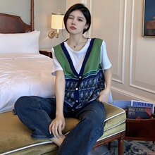 大码女装2025年夏季新款时尚宽松遮肚针织冰丝胖妹妹假两件T恤潮