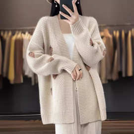 秋冬季V领拼色中长款针织衫开衫女加厚外套甜美草莓毛衣上衣潮流