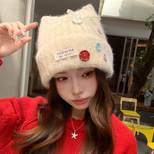 韩系猫耳针织毛线帽子女秋冬保暖护耳显脸小毛线帽纽扣百搭堆堆帽