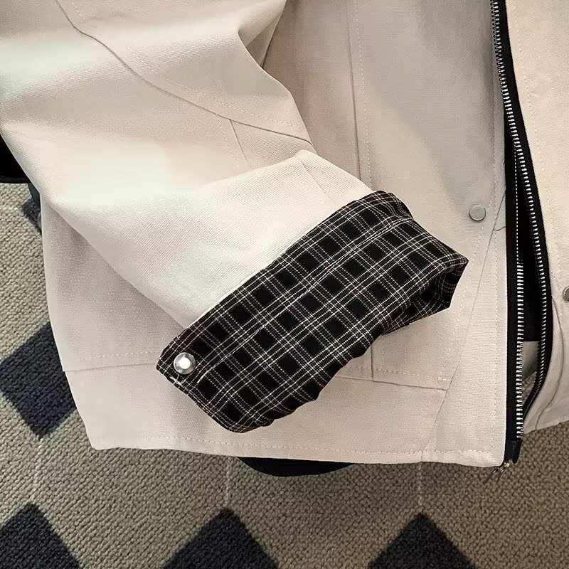 Grid Splicing Jacket, Trendy Loose Baseball Jacket, Lapel Workwear Jacket_voghion.com