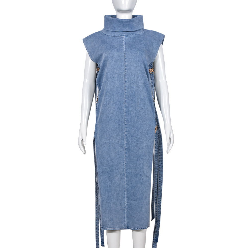 Denim Dress Sexy Cutout Washed Turtleneck Dress Women