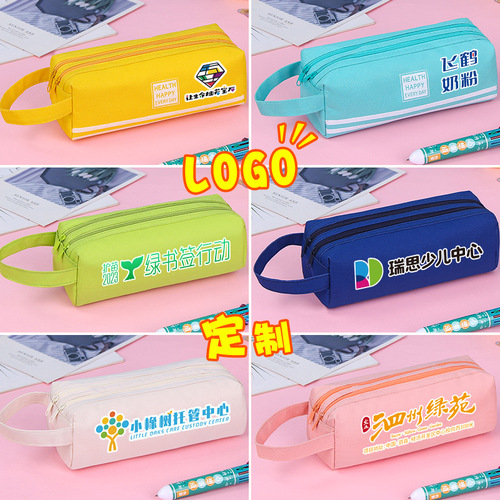 Double-layer pencil bag wholesale customized Oxford cloth large capacity portable pencil bag simple double zipper primary school student stationery bag