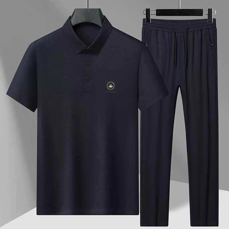 Летняя тонкая эластичная мужская одежда из ледяного шелка для папы среднего возраста, повседневный комплект из двух предметов, короткий светло-серый