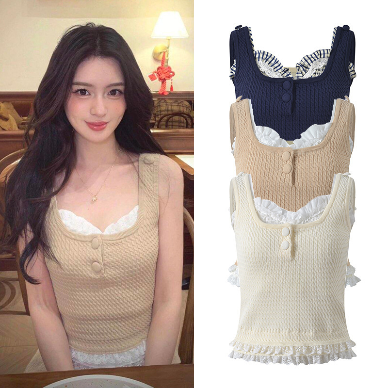 2026 Summer New Design Lace Trim Faux Two-Piece Slim-Fit Knit Camisole Top for Women 2026 Summer New Design Lace Trim Faux Two-Piece Slim-Fit Knit Camisole Top for Women