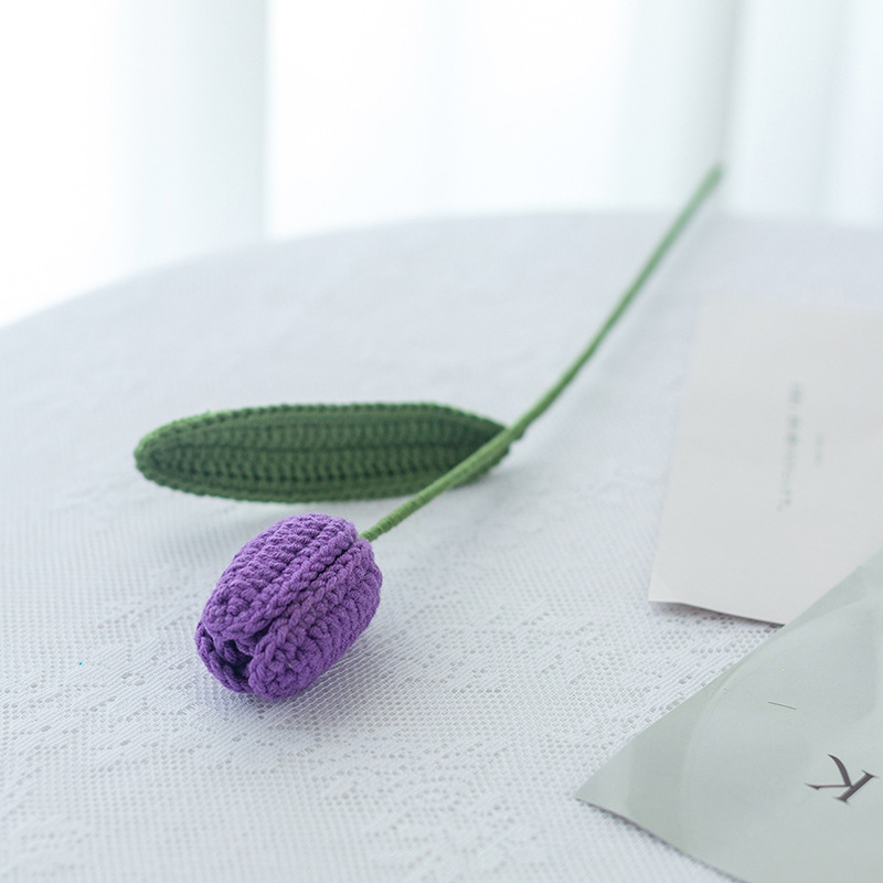 완성 된 다크 퍼플 튤립 단일 민트 녹색 잎