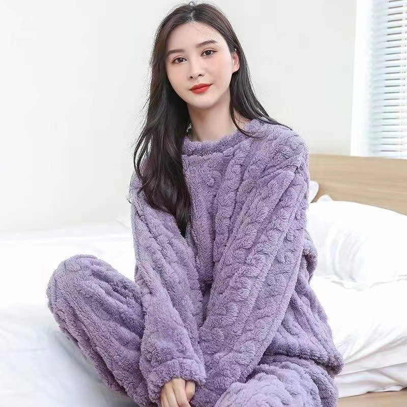 秋冬季珊瑚绒睡衣套装女加绒加厚家居服时尚可外穿法兰绒开衫睡袍|undefined