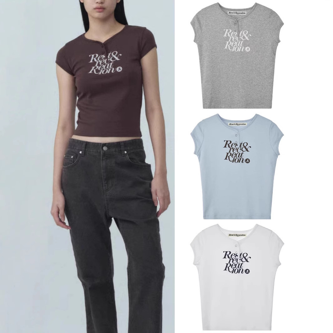 Korean Niche Rr Summer New Letter Print Right Shoulder Short T-Shirt Slimming Look Double Button Short-Sleeved Top for Women