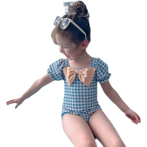 Korean style fashionable girl's bow swimsuit 2024 summer new style small girl checkered one-piece swimming suit with hat 