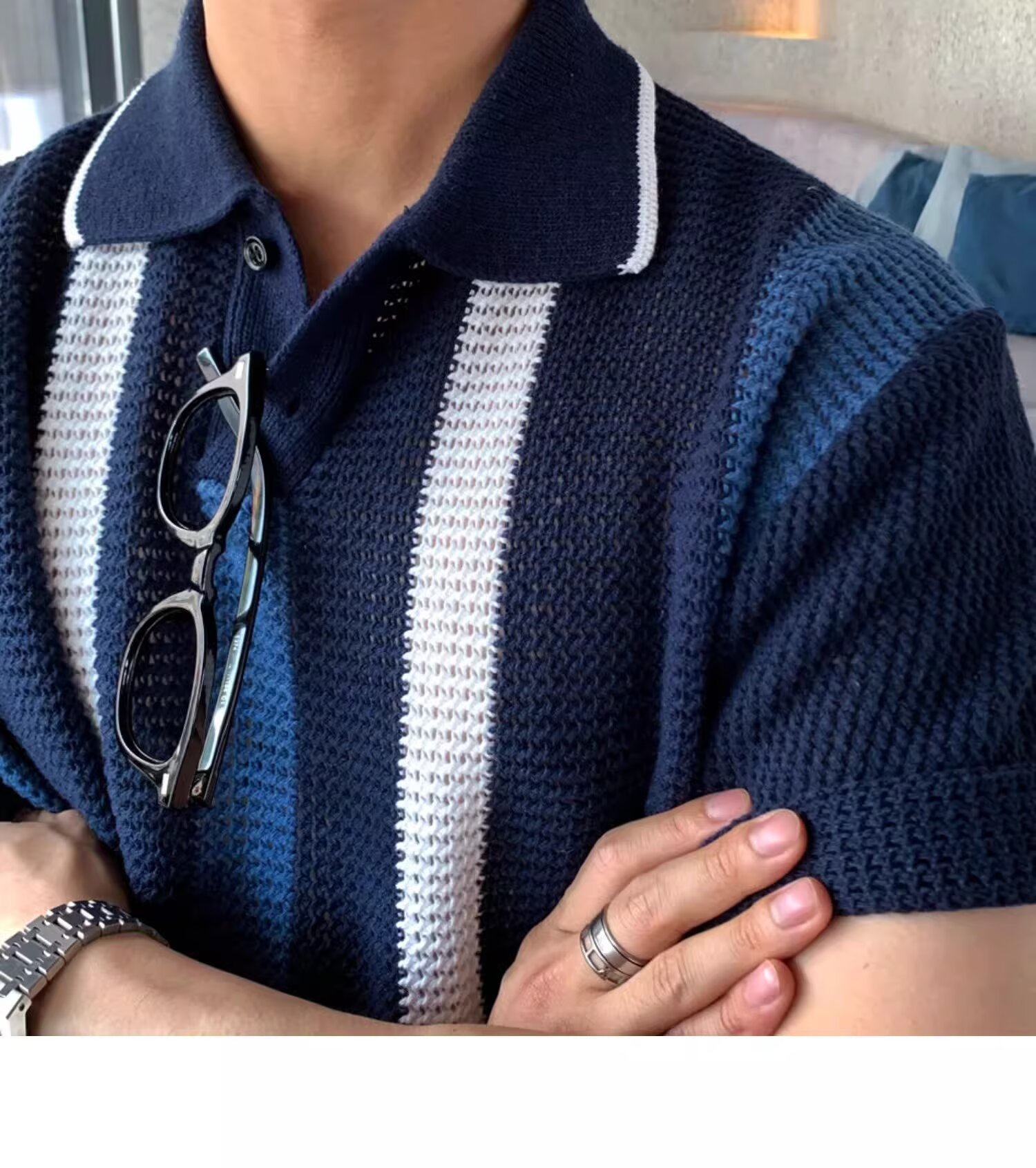 Men's High Quality Breathable Hollowed Out Color Block Knit Polo Shirt Korean Style Vertical Striped Short Sleeved T-Shirt For Spring/Summer_viptrois.com