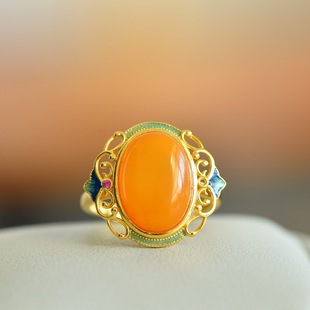 Hengding jewelry [925 silver inlaid old beeswax auspicious Wanfu ring] bare stone 10*14mm enamel technology