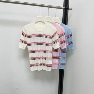 高定土星26夏季新款甜美撞色条纹短袖针织衫女软糯弹力修身t恤女