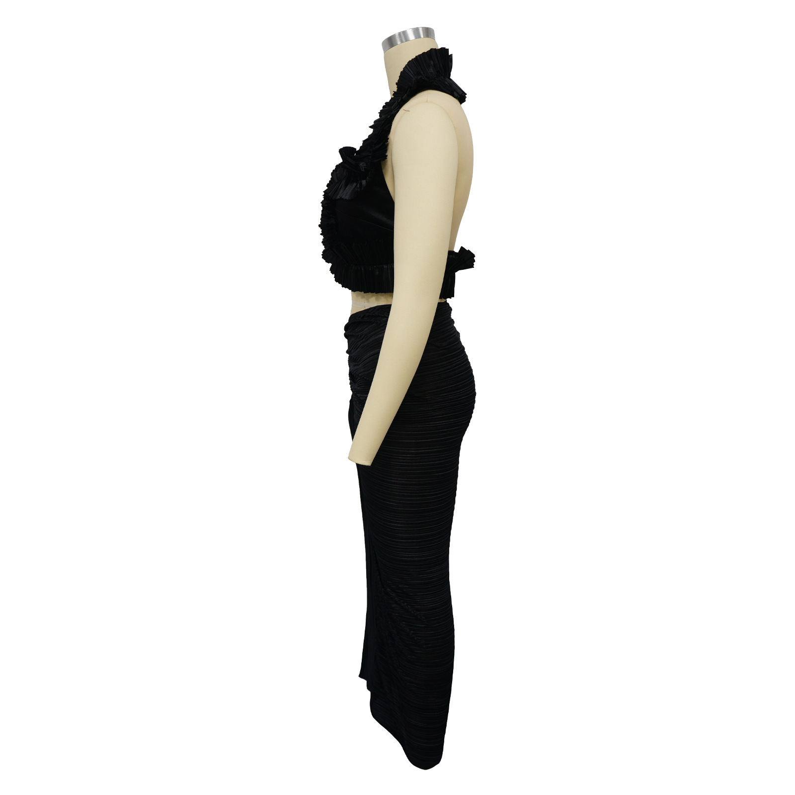 Women Wear Sleeveless Split Ruffled Pleated Skirt Set
