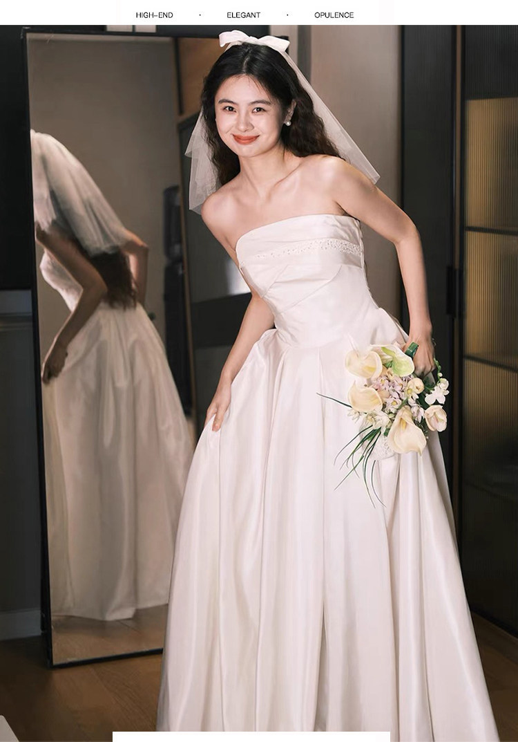 Strapless Light Wedding Dress, Simple Satin, Petite Bride, White Gown For Engagement And Marriage Registration, Elegant Wedding Dress For Going Out._ecoleips.com