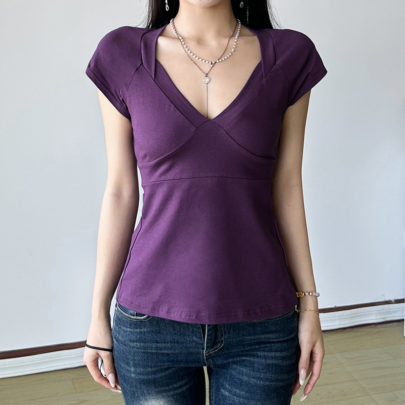 Girl's Style Short-sleeved Top With Tie-up Bow, Waist-cinching, Slimming, Sexy V-neck, Casual And Versatile_ecoleips.com