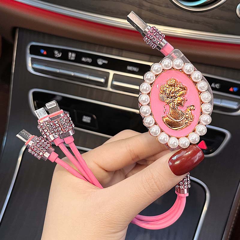 Diamond-encrusted data cable three-in-one car charging cable multifunctional retractable portable storage three-port tpyec charging