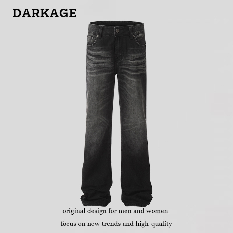 Retro High Street Wavy Pattern Jeans Loose Casual Straight Leg Trousers For Men And Women Summer Trendy Floor Length_mkmklike.com