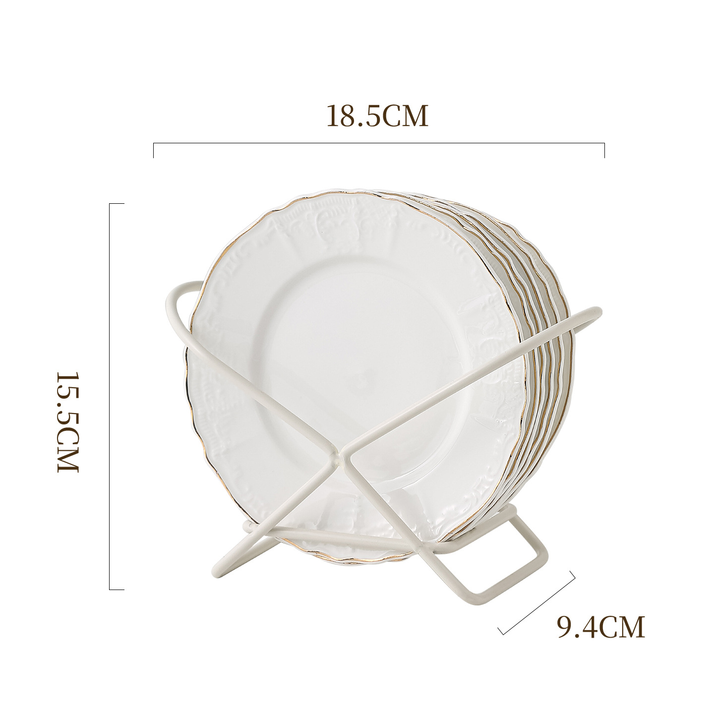 Conjunto de platos de porcelana blanca en relieve francés de Phnom Penh, platos de postres caseros de 6 pulgadas, platos de bocadillos de lujo ligeros con rack de almacenamiento