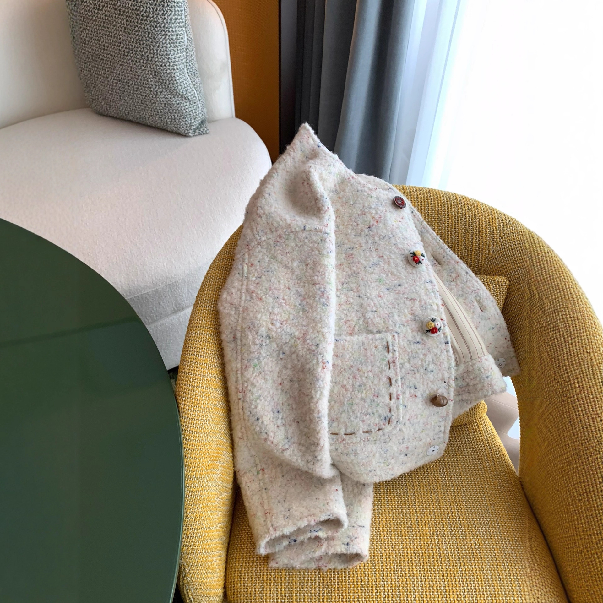 In Transit, Zhangzhang Textured Floral Yarn Wool Tweed Thickened Top in a Chanel-Style Woolen Fabric