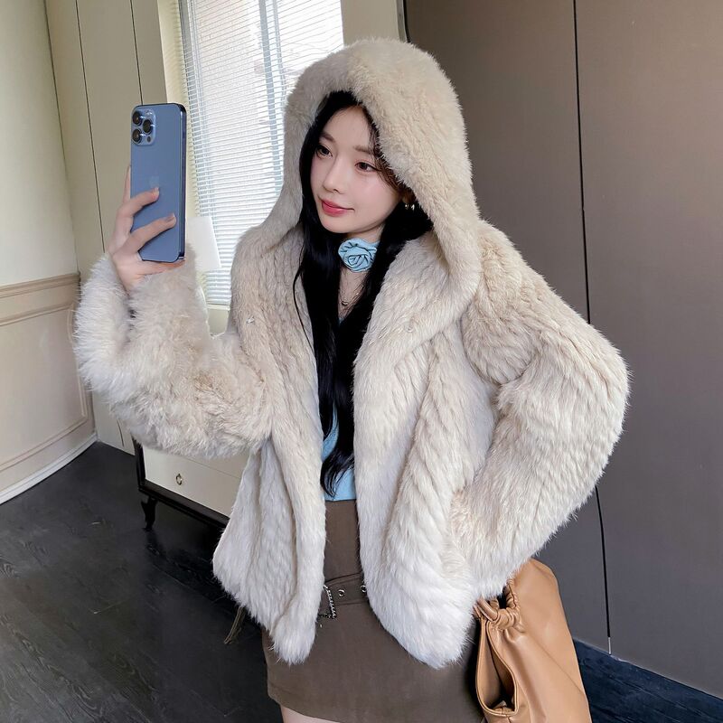 2026 Real Rabbit Fur Woven Coat for Women, Autumn and Winter Warm Double-Sided Hooded Fashion Fur Short Jacket, Lazy Style 2026 Real Rabbit Fur Woven Coat for Women, Autumn and Winter Warm Double-Sided Hooded Fashion Fur Short Jacket, Lazy Style