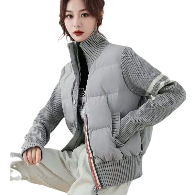 冬季新款运动韩版宽松短款立领女士加厚保暖纽扣纯色针织|undefined