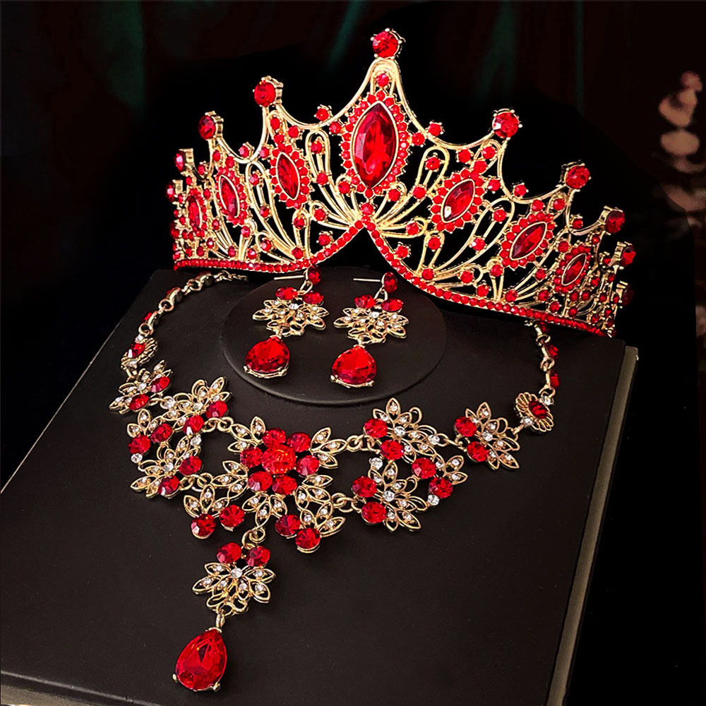 2024 nuevo collar de corona de oro rojo de novia aguja de tres piezas combinación de accesorios de boda accesorios para el pelo al por mayor