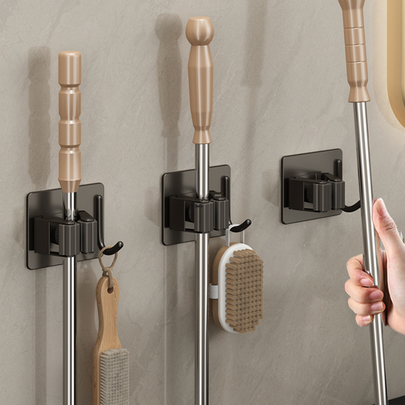Mop clip gun gray bathroom storage broom fixed hook bathroom balcony punch-free wall adhesive mop rack Mop clip gun gray bathroom storage broom fixed hook bathroom balcony punch-free wall adhesive mop rack