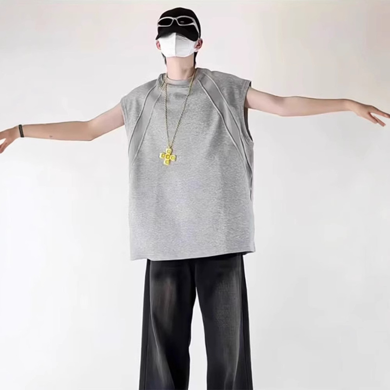 2025 New Summer Style Deconstructed Splicing Sleeveless T-Shirt Men's American Short Wide Boxy Version T-Shirt Sports Fitness Top 2025 New Summer Style Deconstructed Splicing Sleeveless T-Shirt Men's American Short Wide Boxy Version T-Shirt Sports Fitness Top