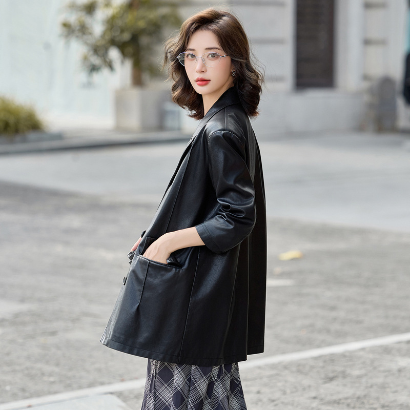 高级感绵羊皮皮衣女2025新款时尚休闲西装领女士双排扣中长款外套|undefined